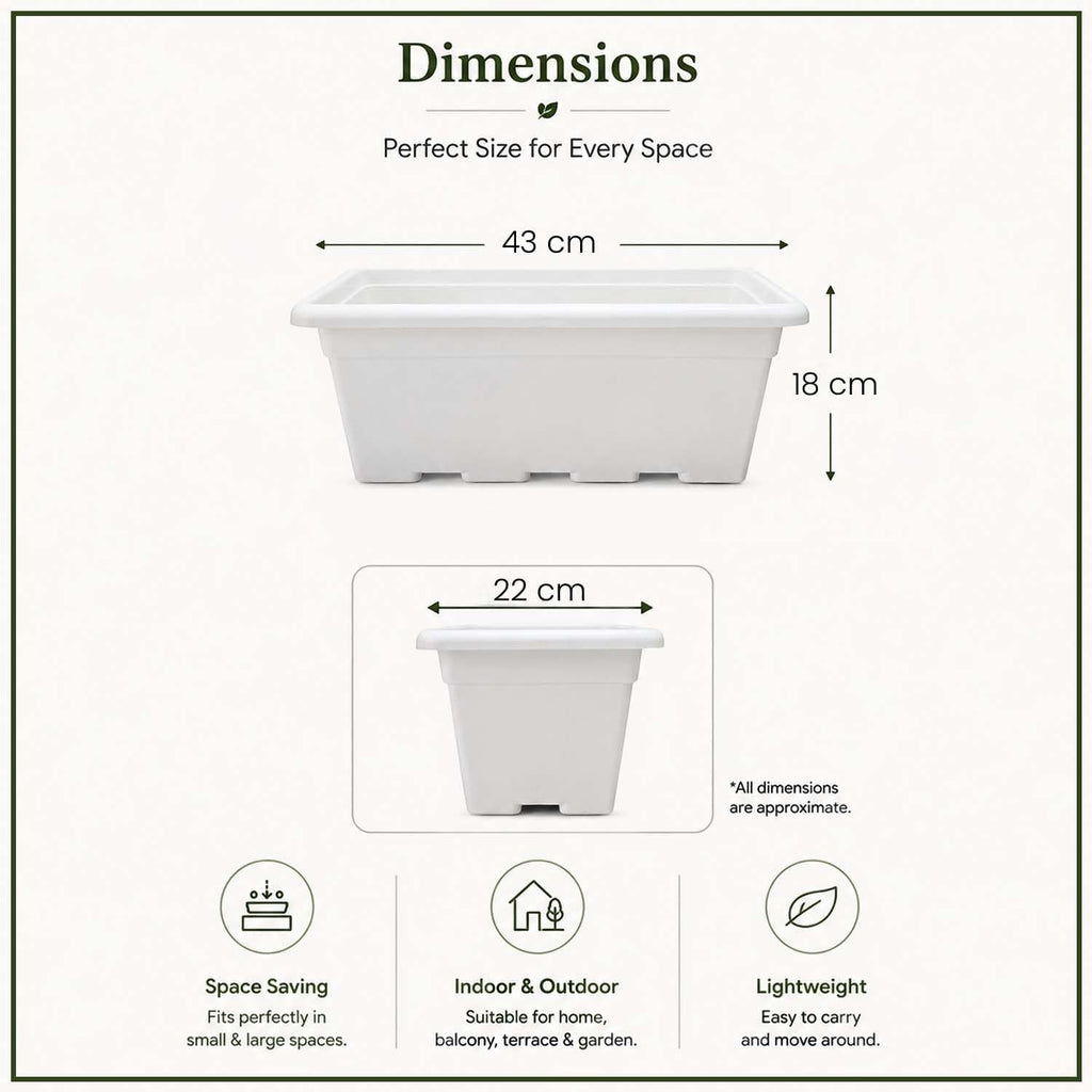 GoHooked white plastic rectangular window planter pot, 43x22x18 cm, ideal for indoor/outdoor use.