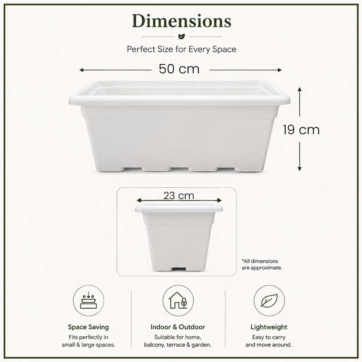GoHooked Jupiter 20 inch white rectangular plastic planter pot, 50x23x19 cm. Pack of 5.