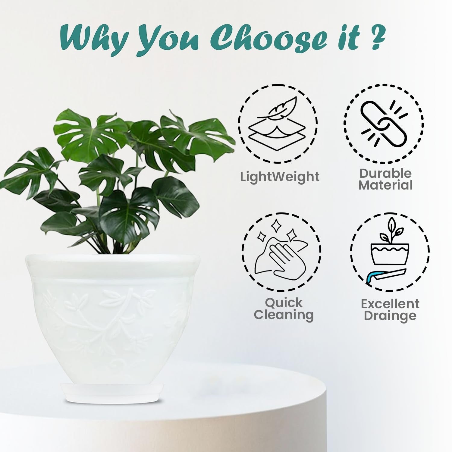 GoHooked white plastic planter pot with embossed floral design and saucer, 6 inch Victor model.