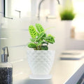 Go Hooked white diamond-patterned plastic planter pot with saucer, perfect for indoor or outdoor plants.