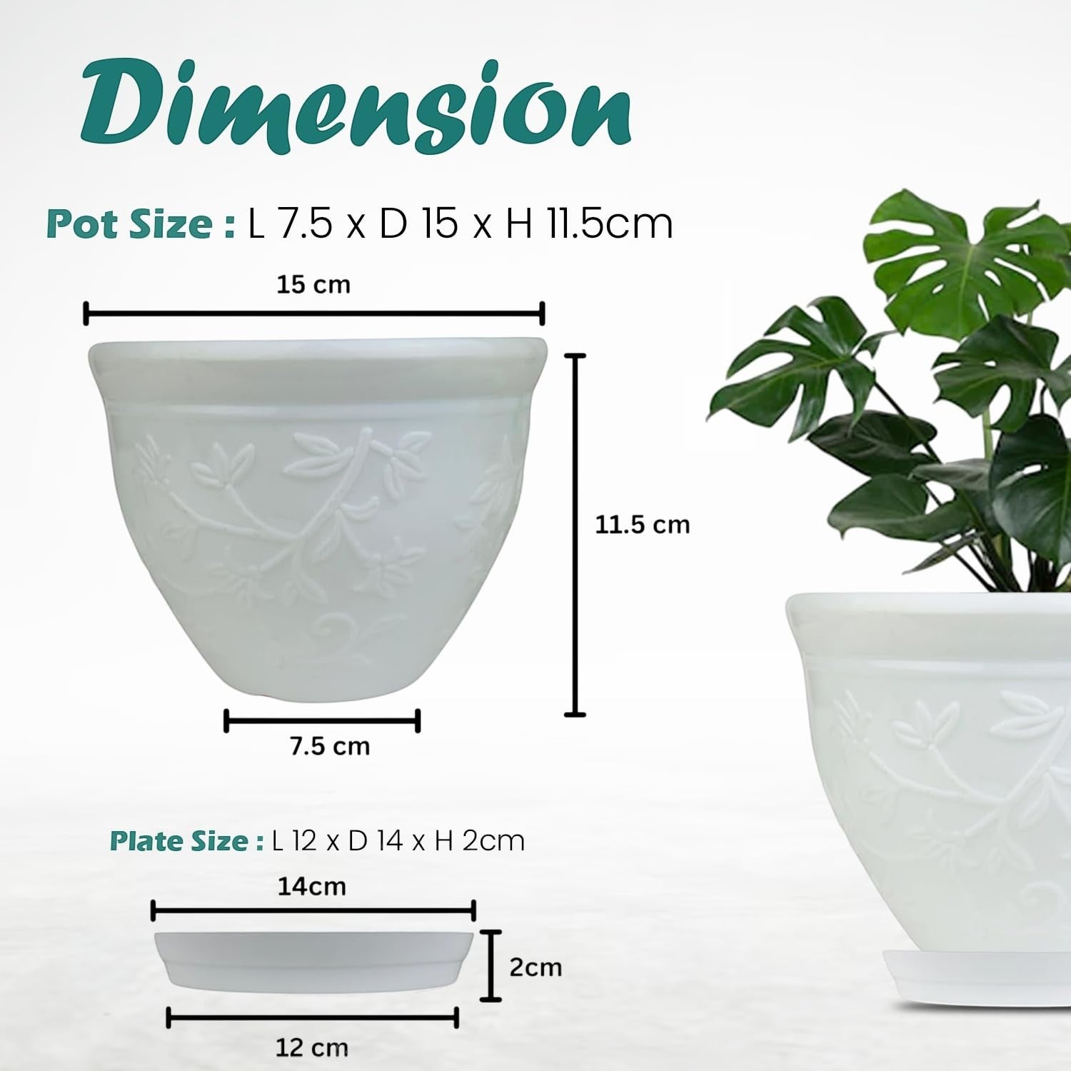 Go Hooked white plastic planter pot with embossed floral design, 6-inch size with matching saucer tray.