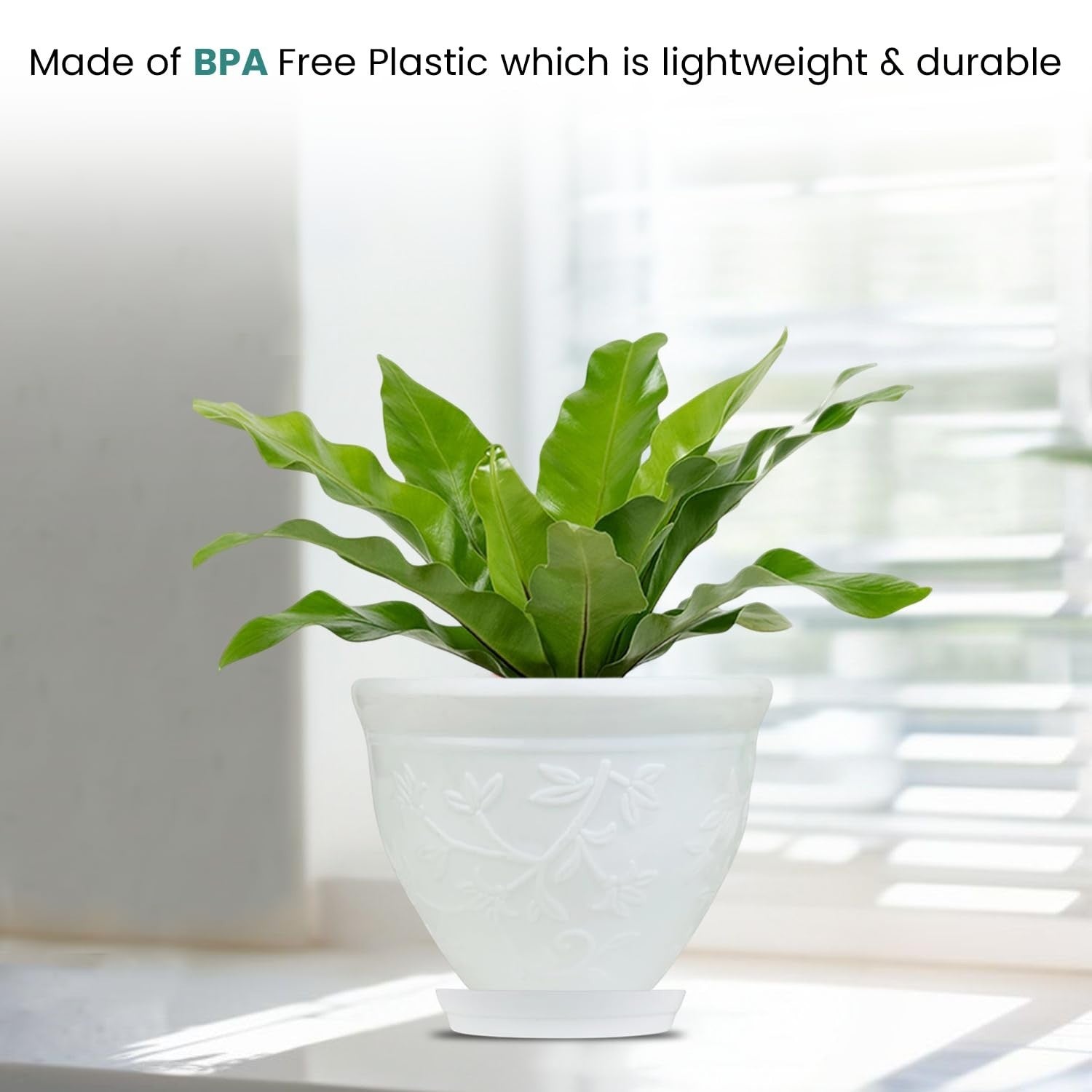 Go Hooked white plastic planter pot with embossed floral design and matching saucer, holding a green plant.