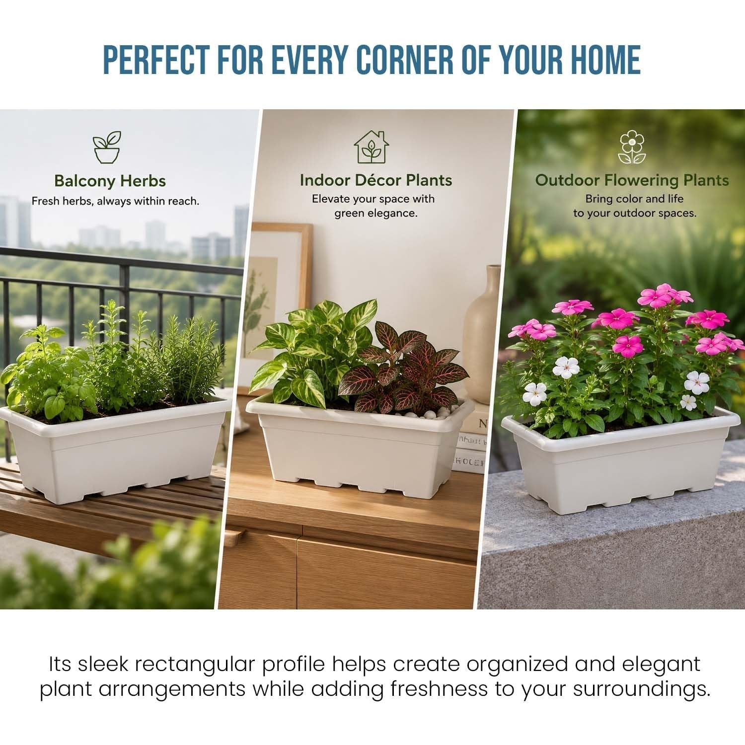 GoHooked white plastic rectangular window planter pot, 17 inch, pack of 5. Ideal for balcony herbs, indoor decor, or outdoor flowering plants.