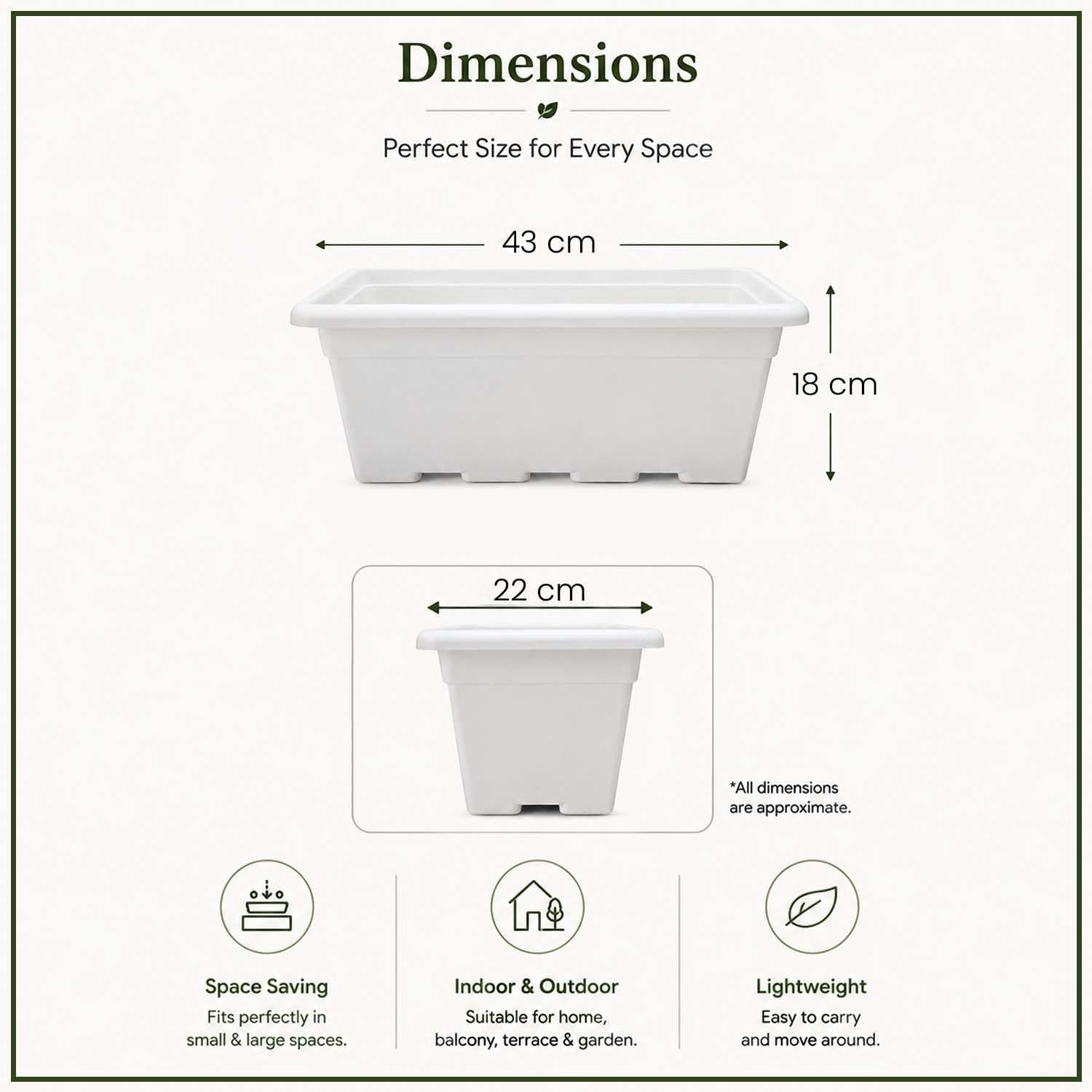 GoHooked white plastic rectangular window planter pot, 43cm L x 22cm W x 18cm H, pack of 5, for indoor/outdoor use.