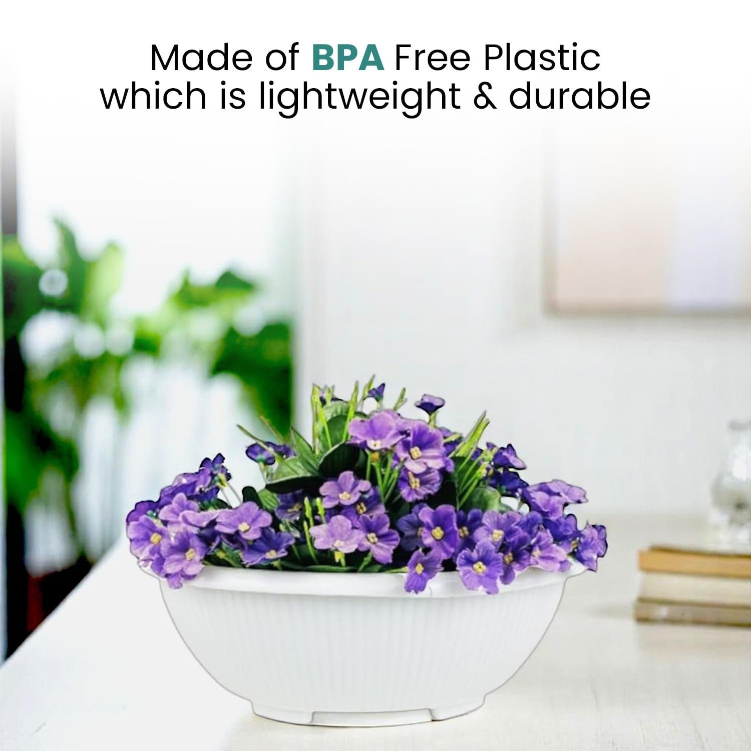 GoHooked white plastic planter pot with purple flowers, 13.7 inch round bonsai pot for indoor/outdoor use.