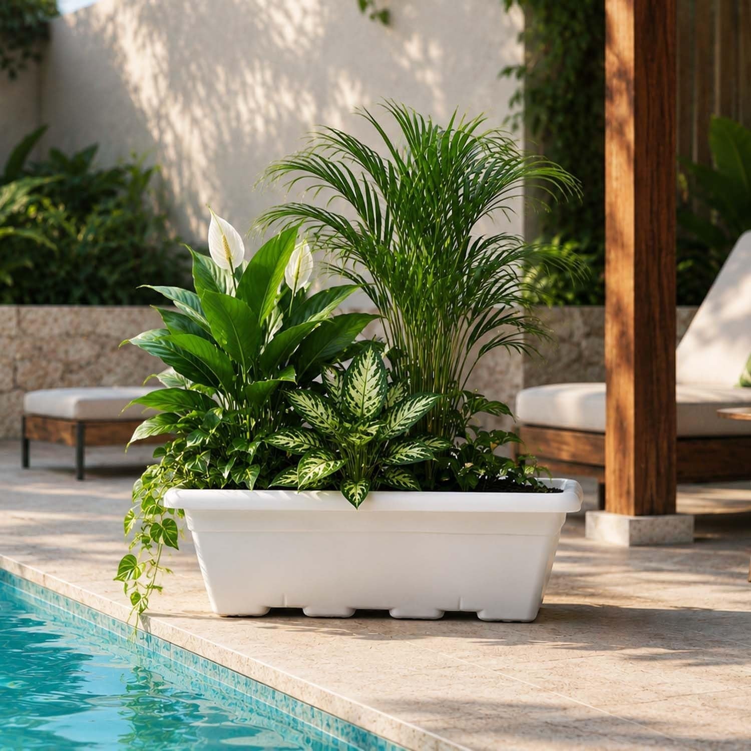 GoHooked white plastic rectangular window planter pot filled with lush green plants, including a peace lily and a palm.