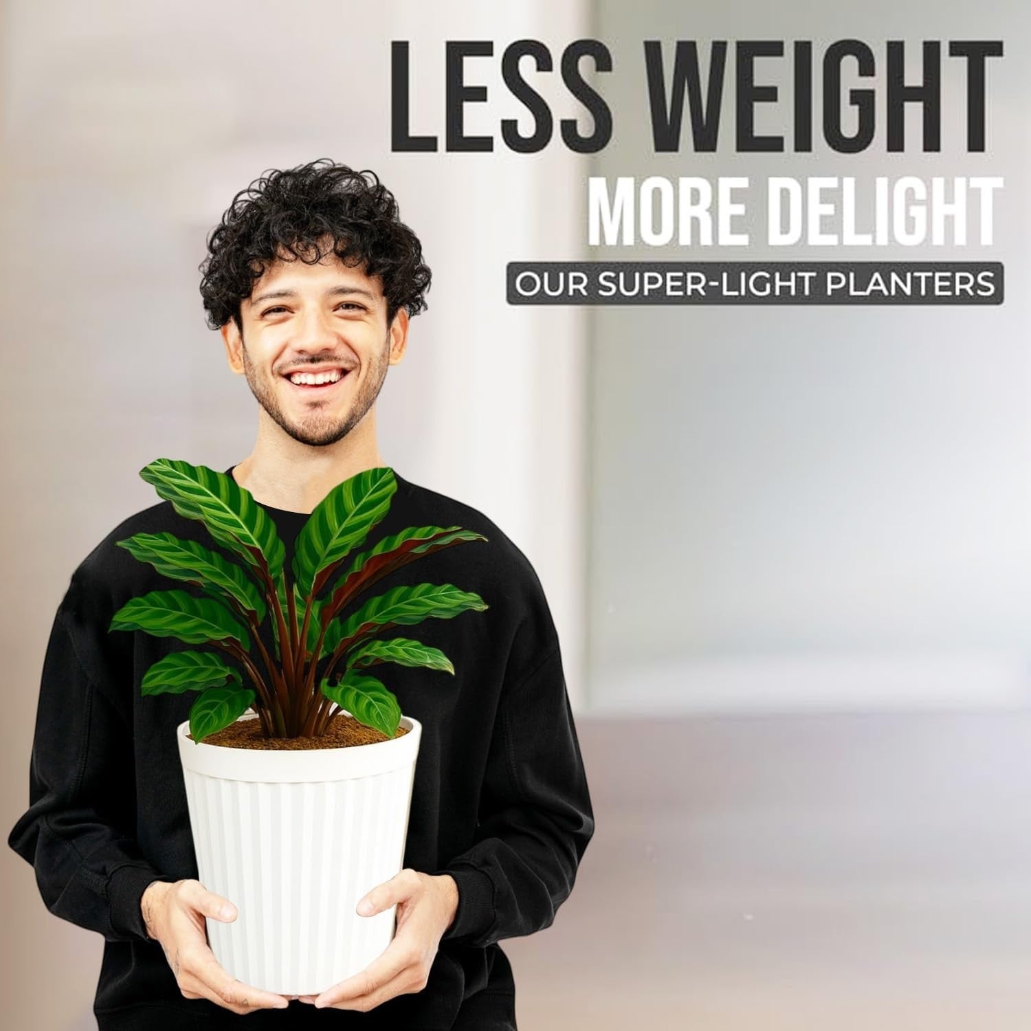 GoHooked white ribbed plastic planter pot with a plant, held by a smiling man.