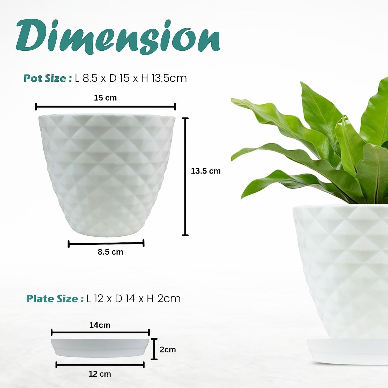 Go Hooked white diamond-patterned plastic planter pot with saucer, 6-inch size, ideal for indoor/outdoor plants.