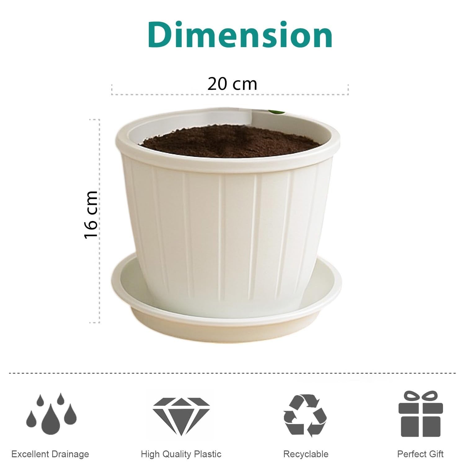 GoHooked white plastic planter pot with tray, 8-inch diameter, ideal for indoor/outdoor gardening.