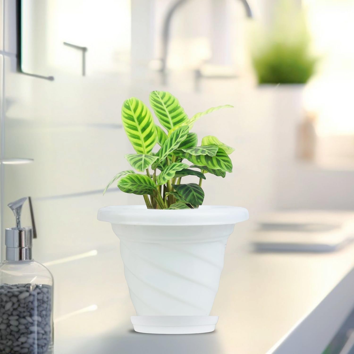 GoHooked white plastic planter pot with saucer, modern twister design, 6 inch size, for indoor/outdoor plants.