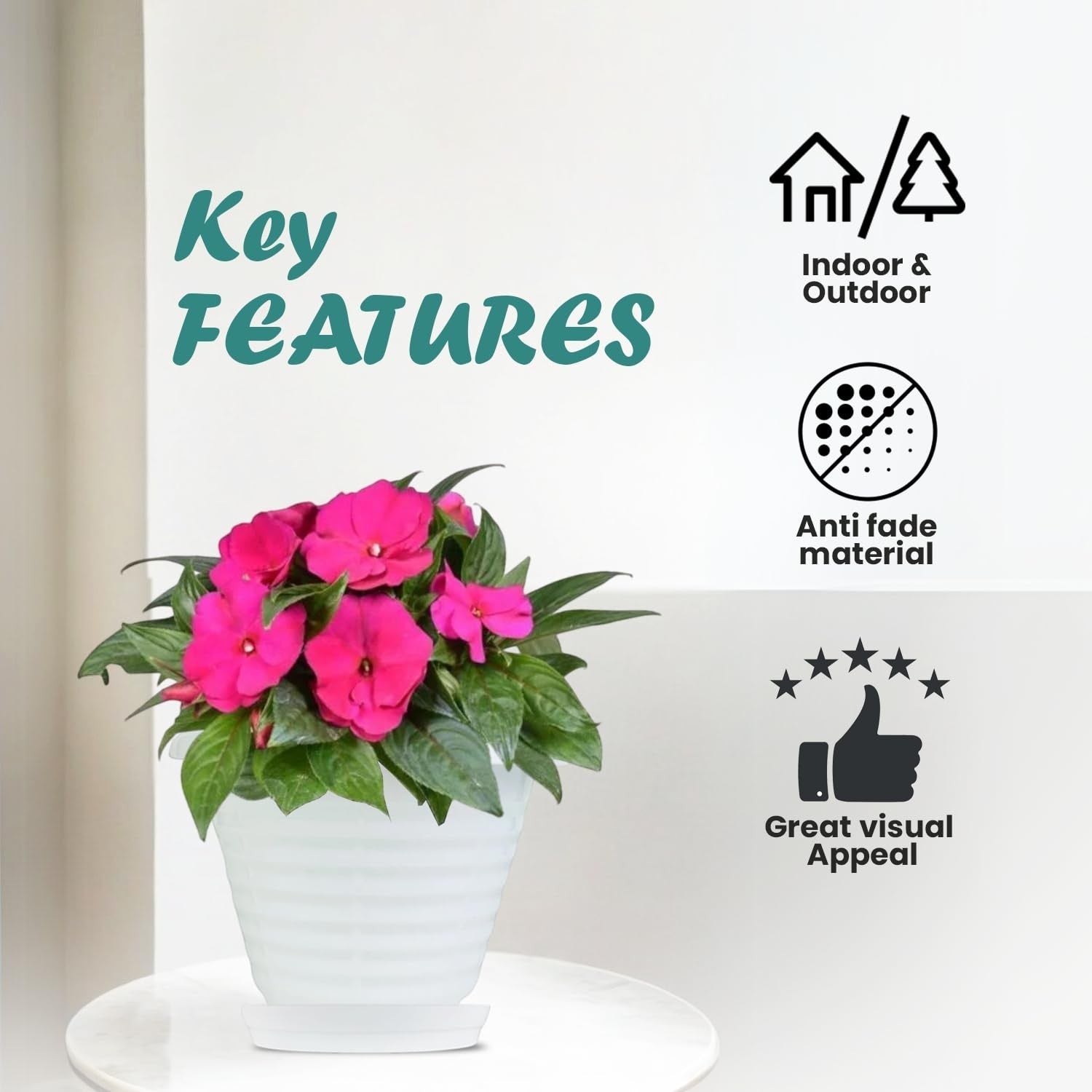 GoHooked white plastic planter pot with saucer, featuring pink flowers and key features like indoor/outdoor use and anti-fade material.