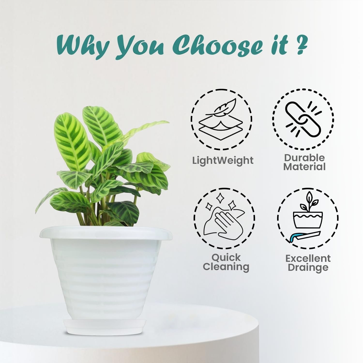 GoHooked white plastic planter pot with saucer, featuring a modern ribbed design and excellent drainage for indoor or outdoor plants.
