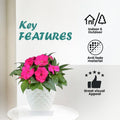 Go Hooked white diamond-patterned plastic planter pot with pink flowers and saucer tray. Indoor/outdoor, anti-fade material.