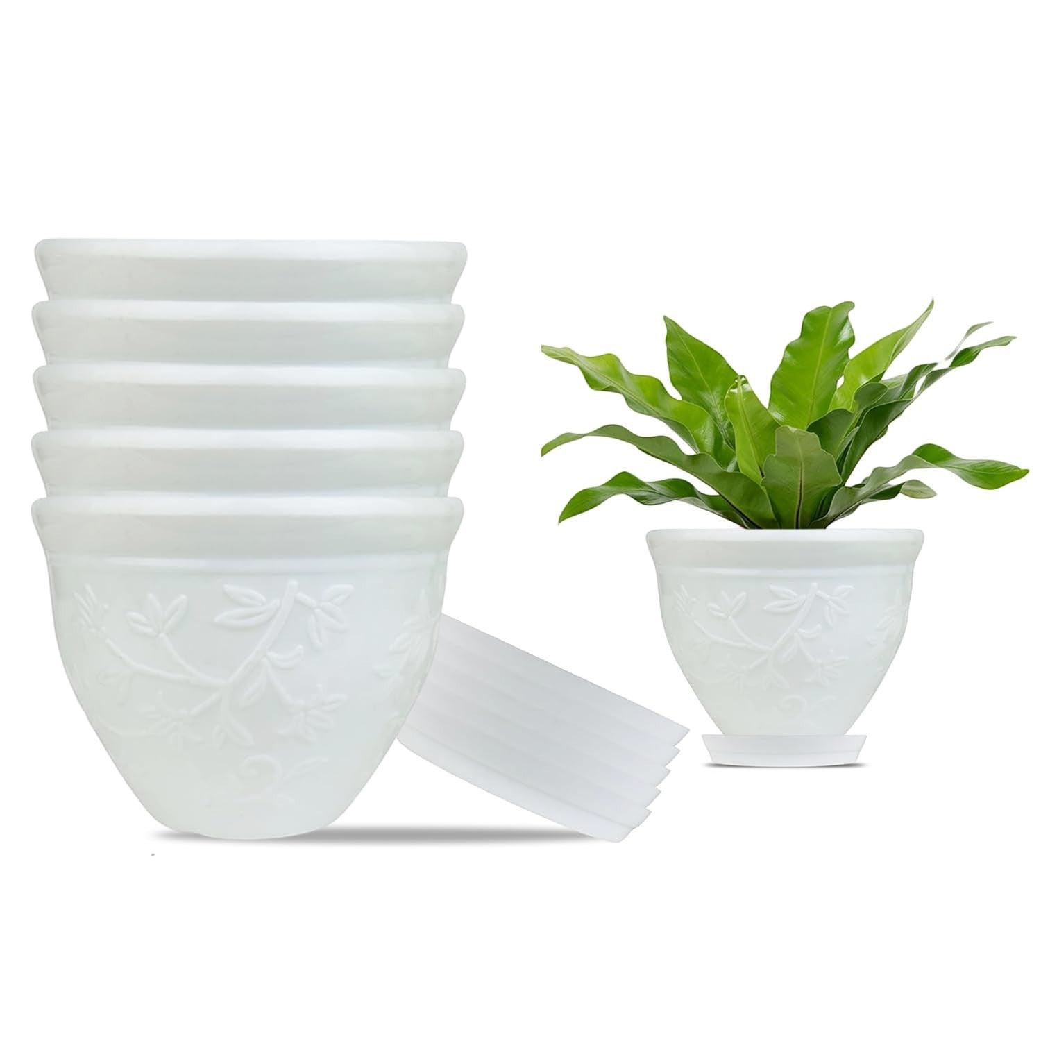 GoHooked white plastic planter pots with embossed floral design, set of 6 with saucers, for indoor/outdoor plants.