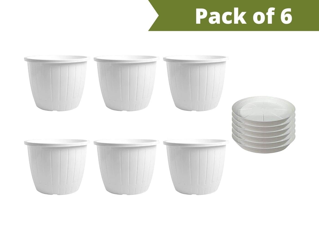 GoHooked pack of 6 white 10-inch plastic planter pots with matching saucers, ribbed design.