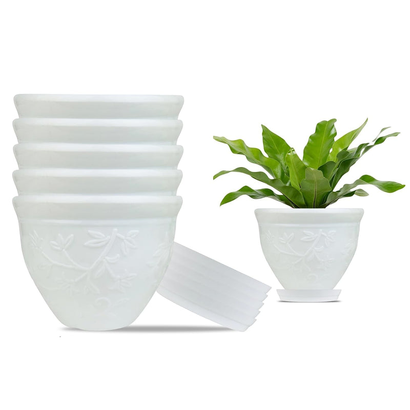 GoHooked white plastic planter pots set of 6 with saucers, featuring embossed floral design. One pot shown with a green plant.