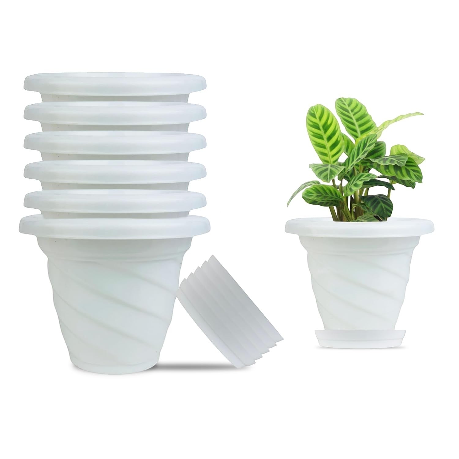 GoHooked set of 6 white plastic planter pots with saucers, featuring a modern twister design for indoor/outdoor plants.
