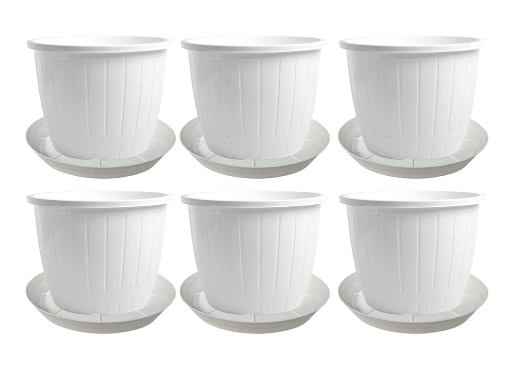 GoHooked set of 6 white 10-inch plastic planter pots with matching saucers, featuring ribbed design for durability.