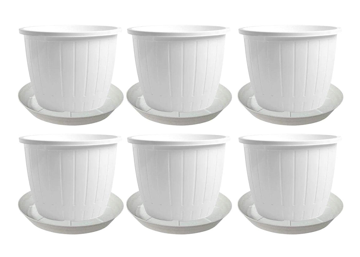 GoHooked set of 6 white 10-inch plastic planter pots with matching saucers, featuring ribbed design for durability.