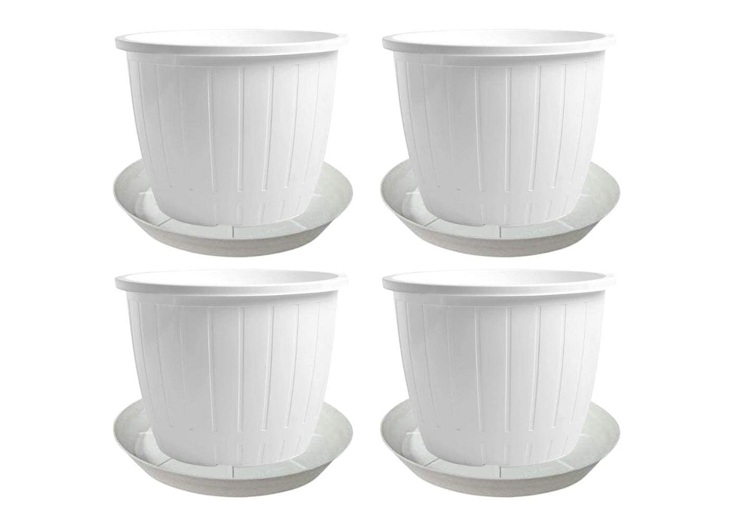 GoHooked white plastic 10-inch planter pots with drip trays, pack of 4. Ideal for indoor/outdoor gardening.
