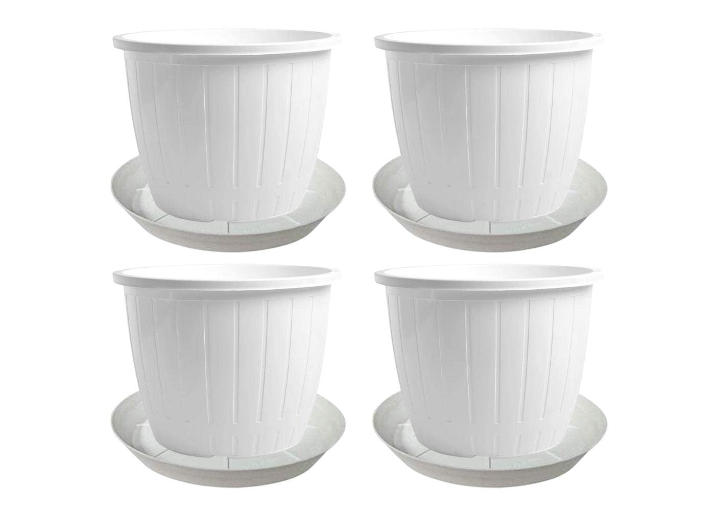 GoHooked white plastic 10-inch planter pots with drip trays, pack of 4. Ideal for indoor/outdoor gardening.