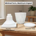 GoHooked white plastic planter set with diamond-cut design, includes pot, saucer tray, and pedestal stand.