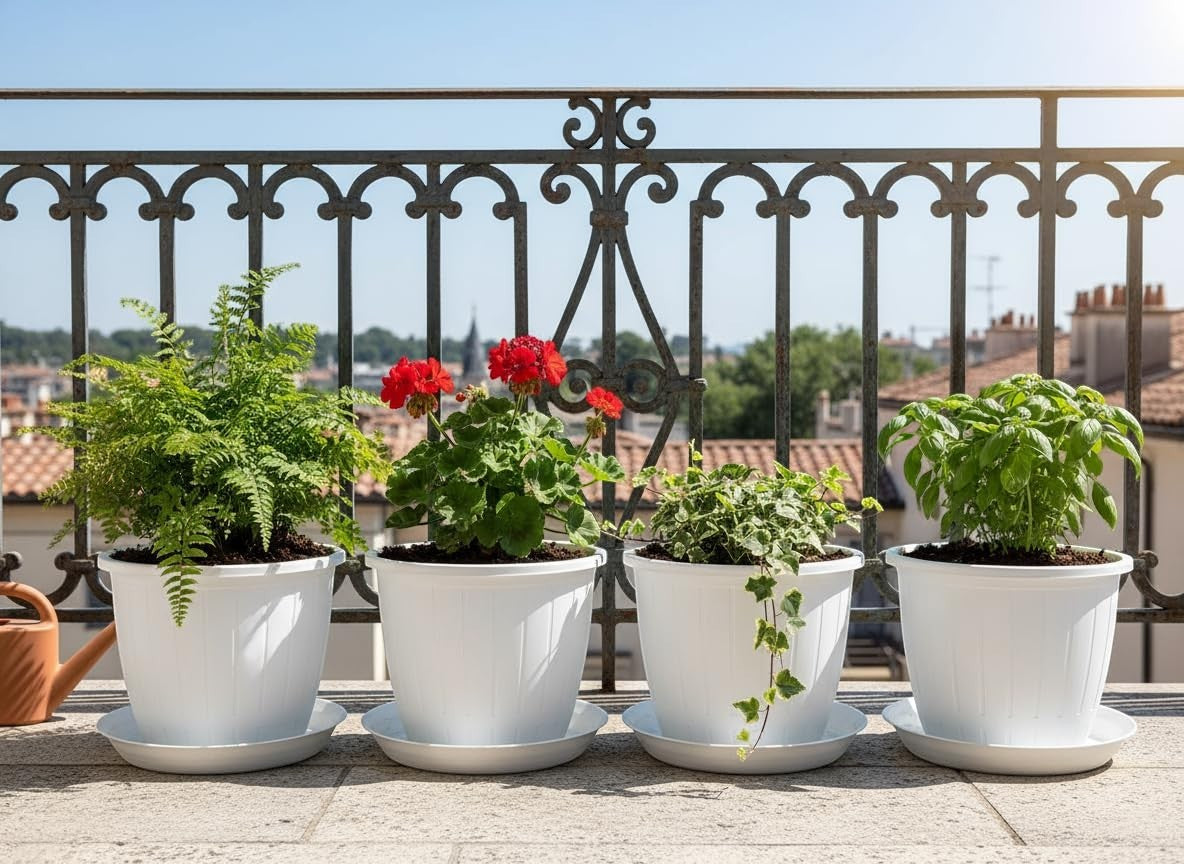 GoHooked white plastic 10-inch planters with trays, holding ferns, geraniums, ivy, and basil on a balcony.