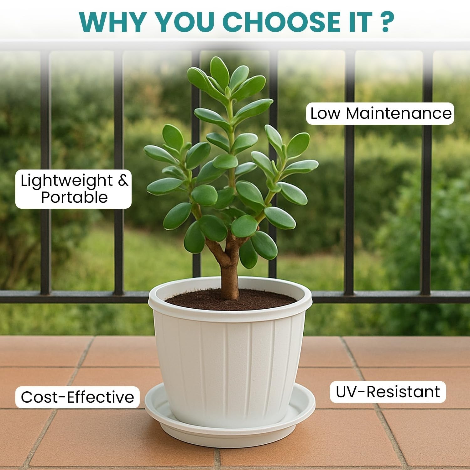 GoHooked white plastic 10-inch planter with tray, lightweight, UV-resistant, and cost-effective for indoor/outdoor gardening.