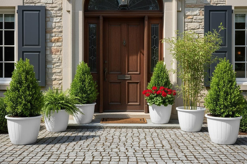 GoHooked white plastic planters with vertical ribbing, 10-inch size, ideal for indoor/outdoor gardening.