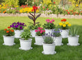 GoHooked white plastic planters with trays, 10-inch, for indoor/outdoor gardening. Features vertical ribbing.