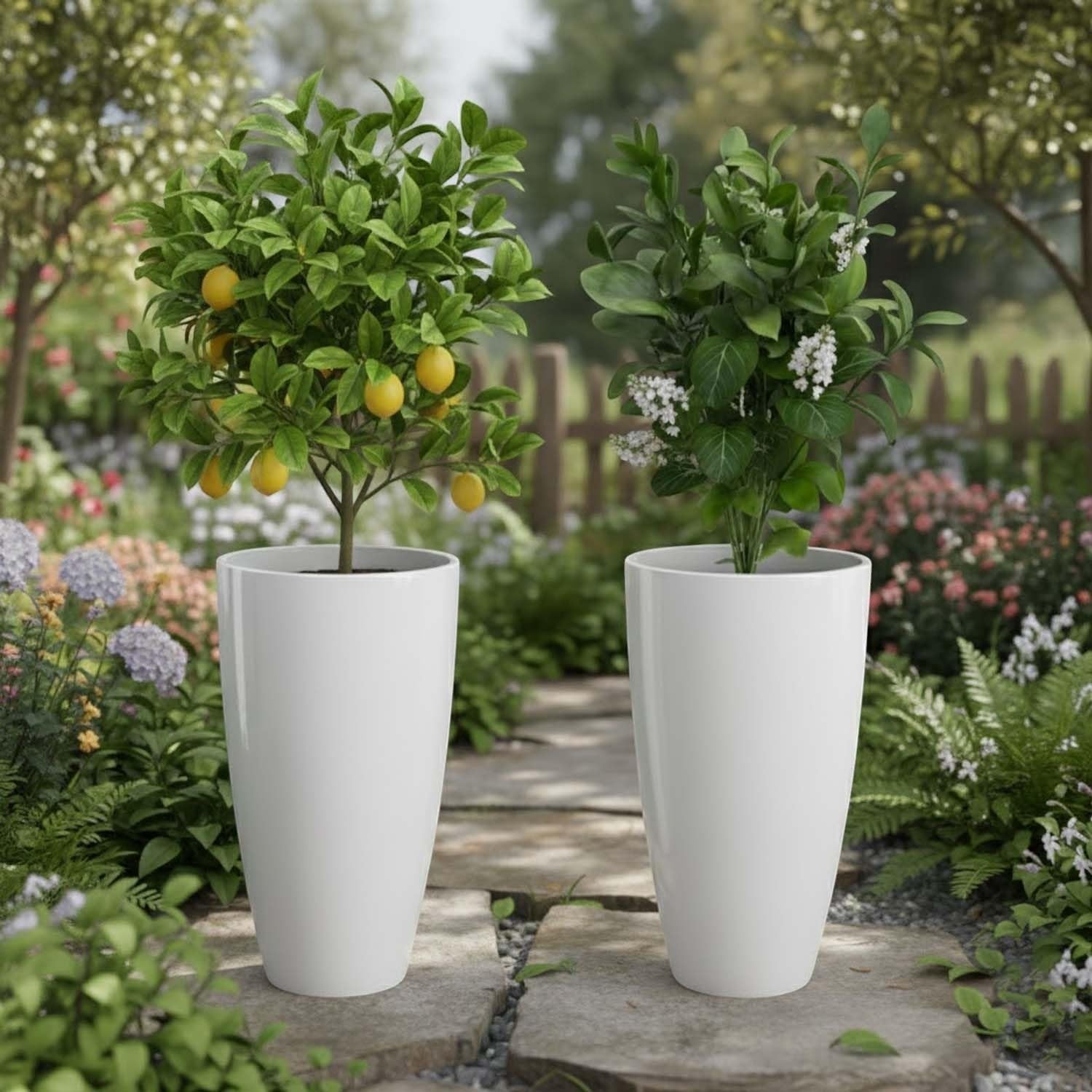 GoHooked white tall tapered plastic planters with a lemon tree and a flowering plant in a garden setting.