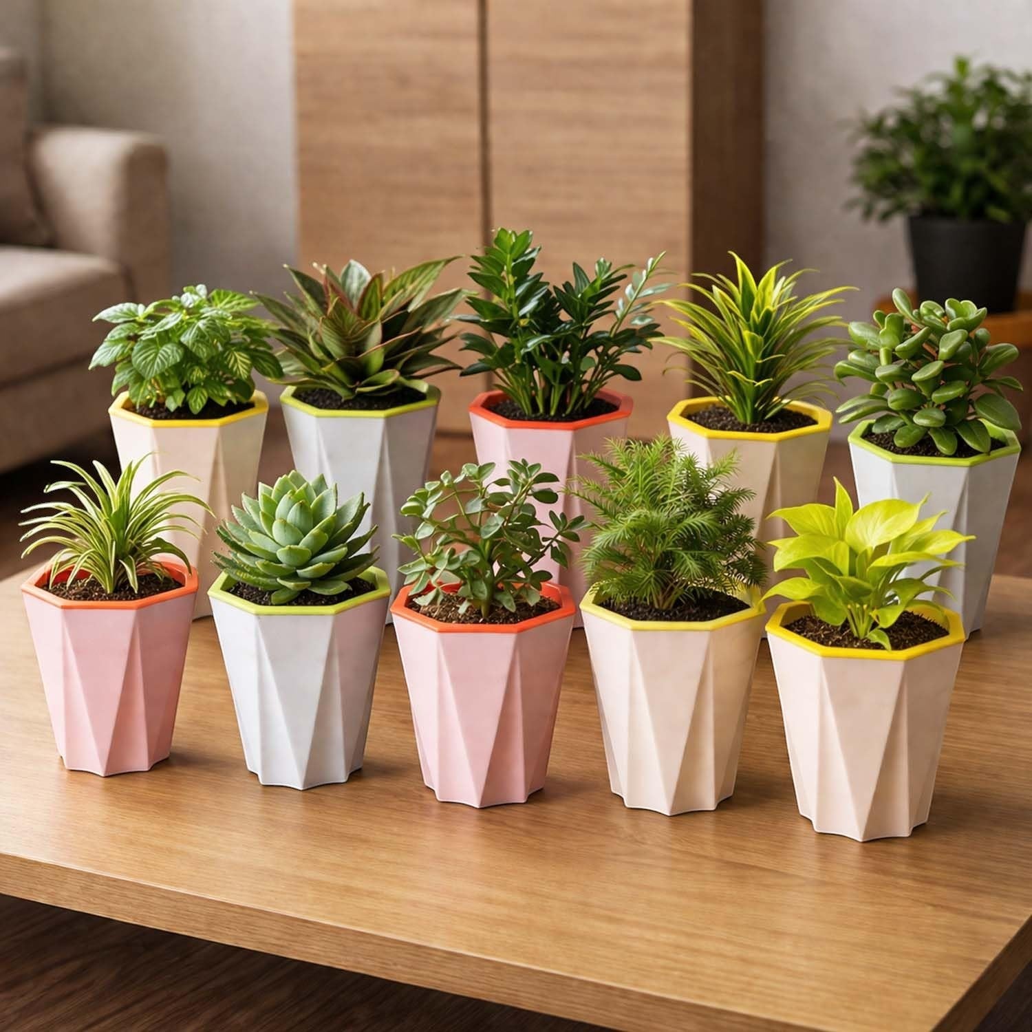 Go Hooked 4-inch white plastic planters with a modern geometric design, featuring a marble finish and ribbed texture. Pack of 5.