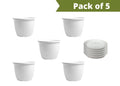 GoHooked white plastic planters, pack of 5, 8-inch with matching drip trays. Modern design for indoor/outdoor gardening.