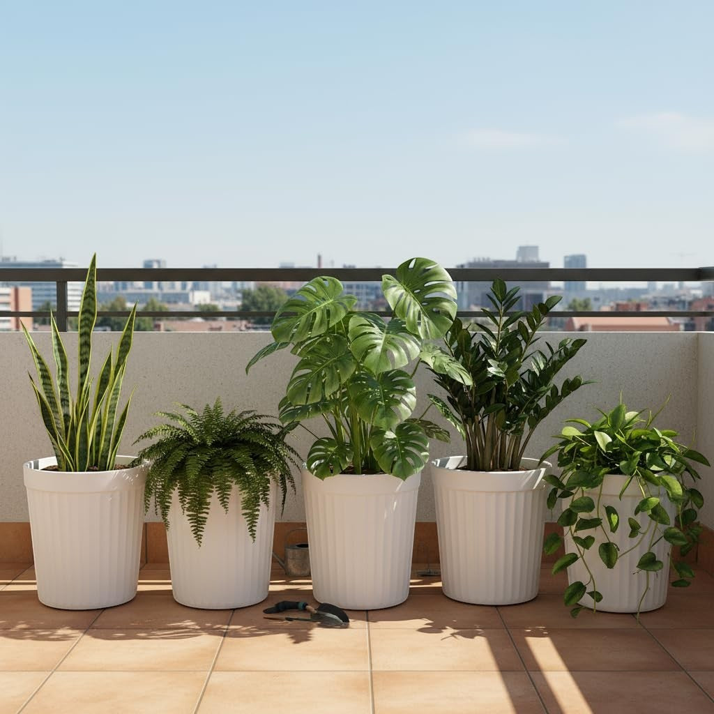 GoHooked set of 3 white ribbed plastic planters with various plants on a balcony.