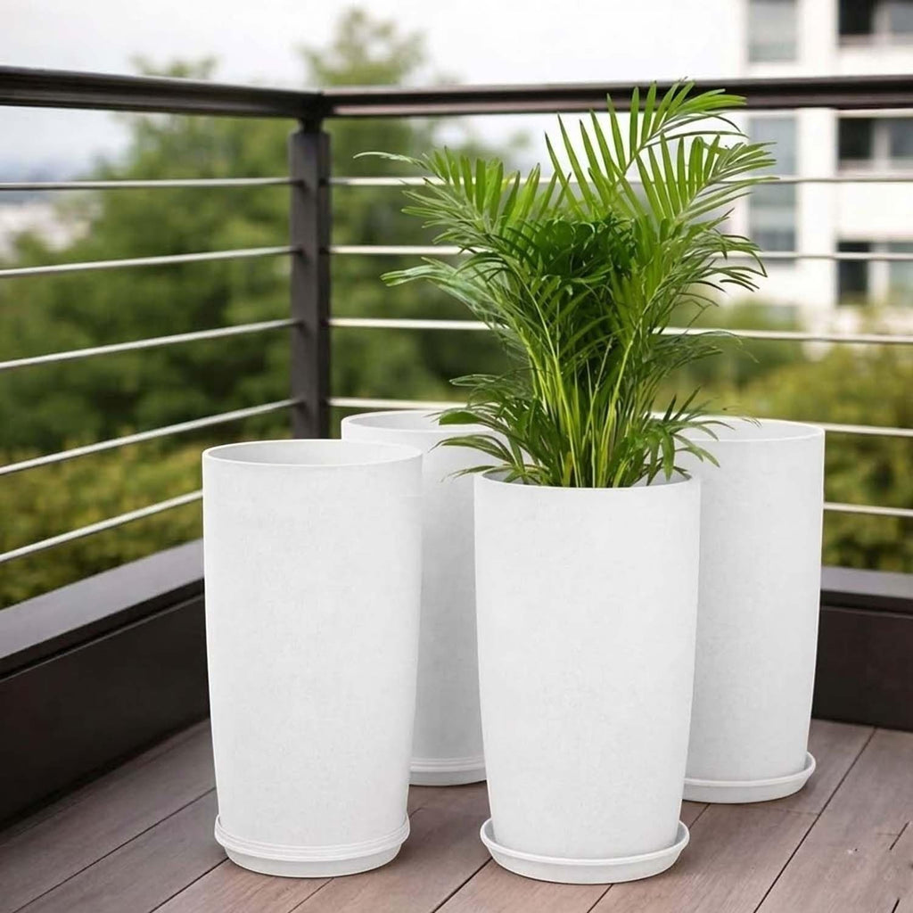 GoHooked set of 3 white plastic cylinder planters with saucers, perfect for indoor or outdoor use.