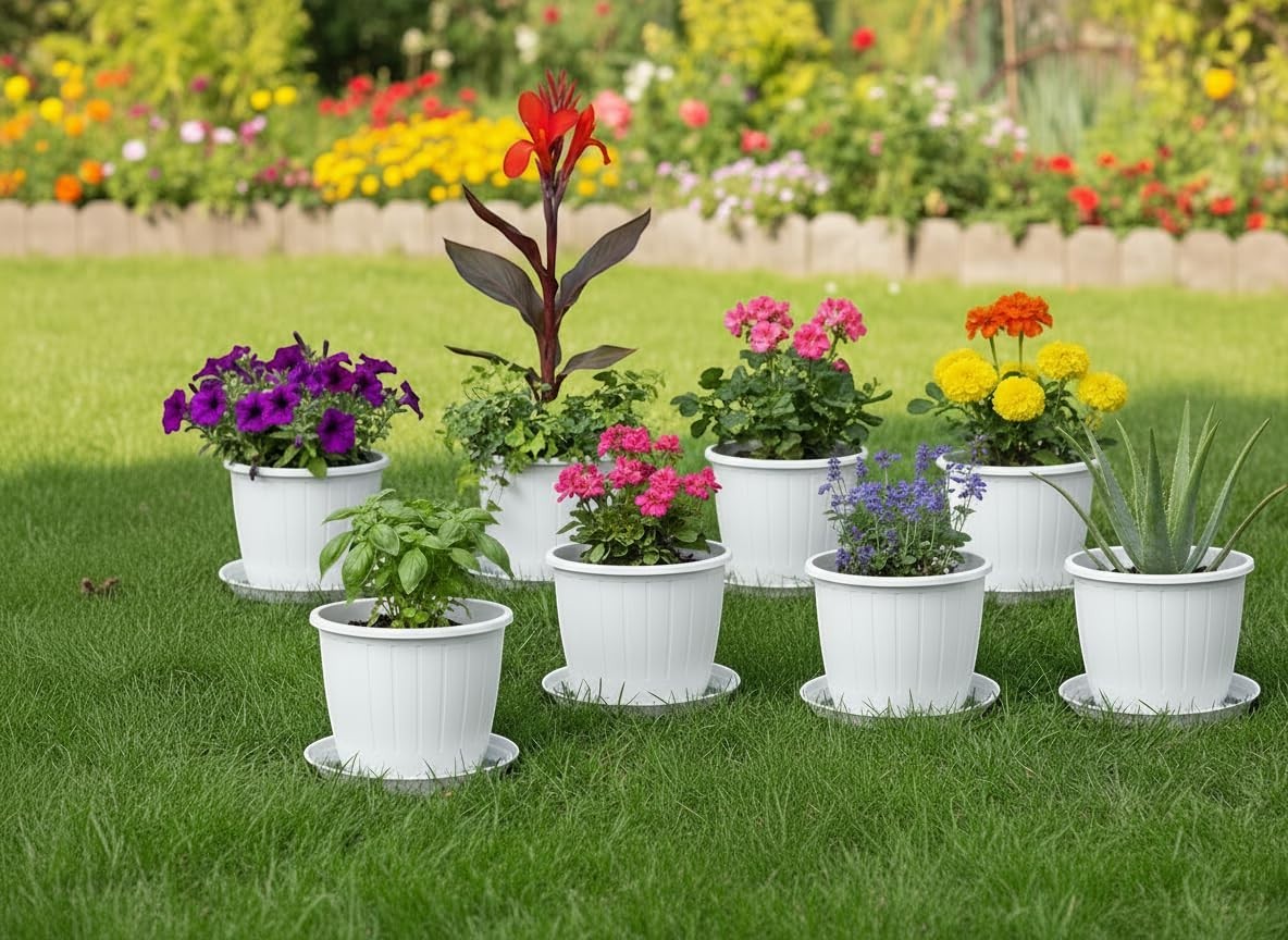 GoHooked 10-inch white plastic planters with trays, holding various flowering plants and herbs on a lawn.