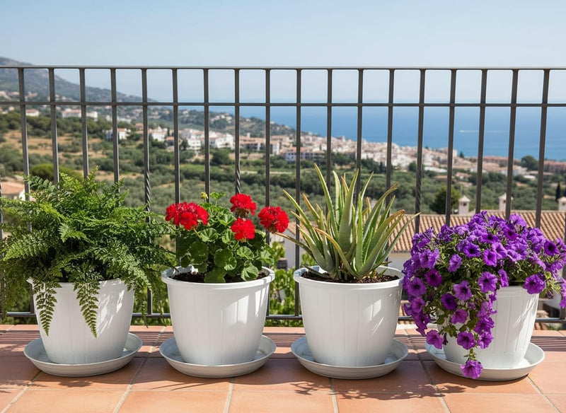 GoHooked white plastic planters with trays, holding fern, geraniums, aloe vera, and petunias on a balcony.