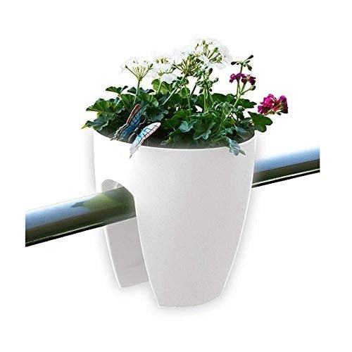 GoHooked white plastic railing planter with white and pink flowers and decorative butterflies.