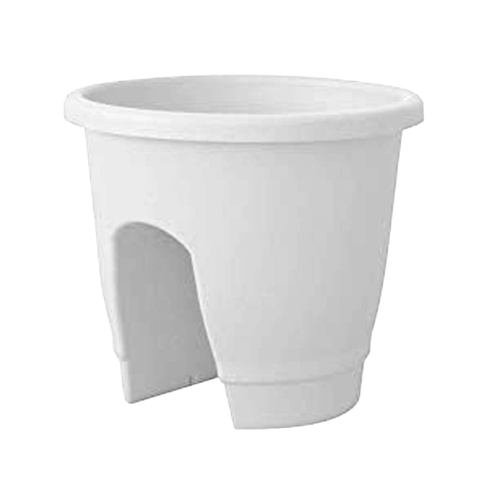 GoHooked white plastic 12-inch railing planter pot, lightweight and UV resistant, perfect for balconies.