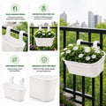 GoHooked white plastic railing hanging planter pot with dual hooks, rectangular shape, perfect for balcony and garden decor.