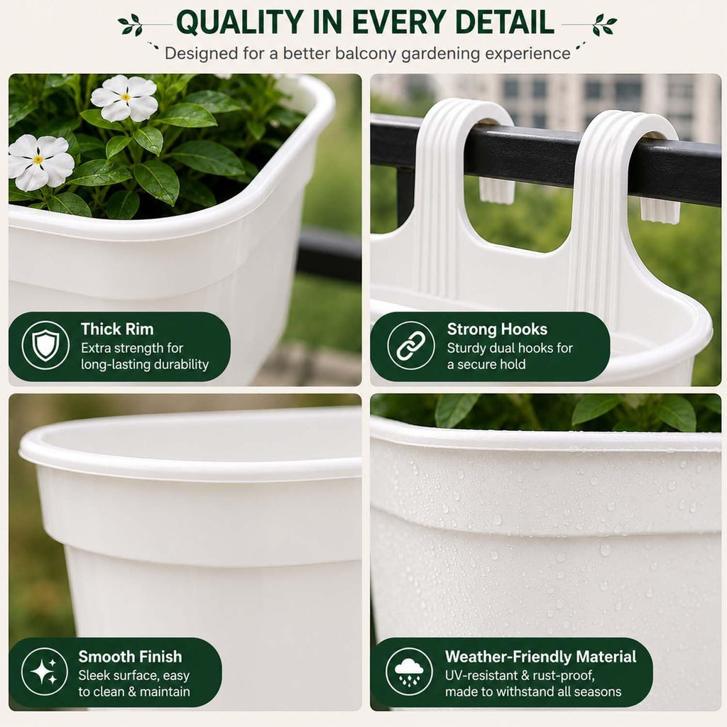GoHooked white plastic railing hanging planter pot with thick rim, smooth finish, and strong dual hooks for balcony or garden use.