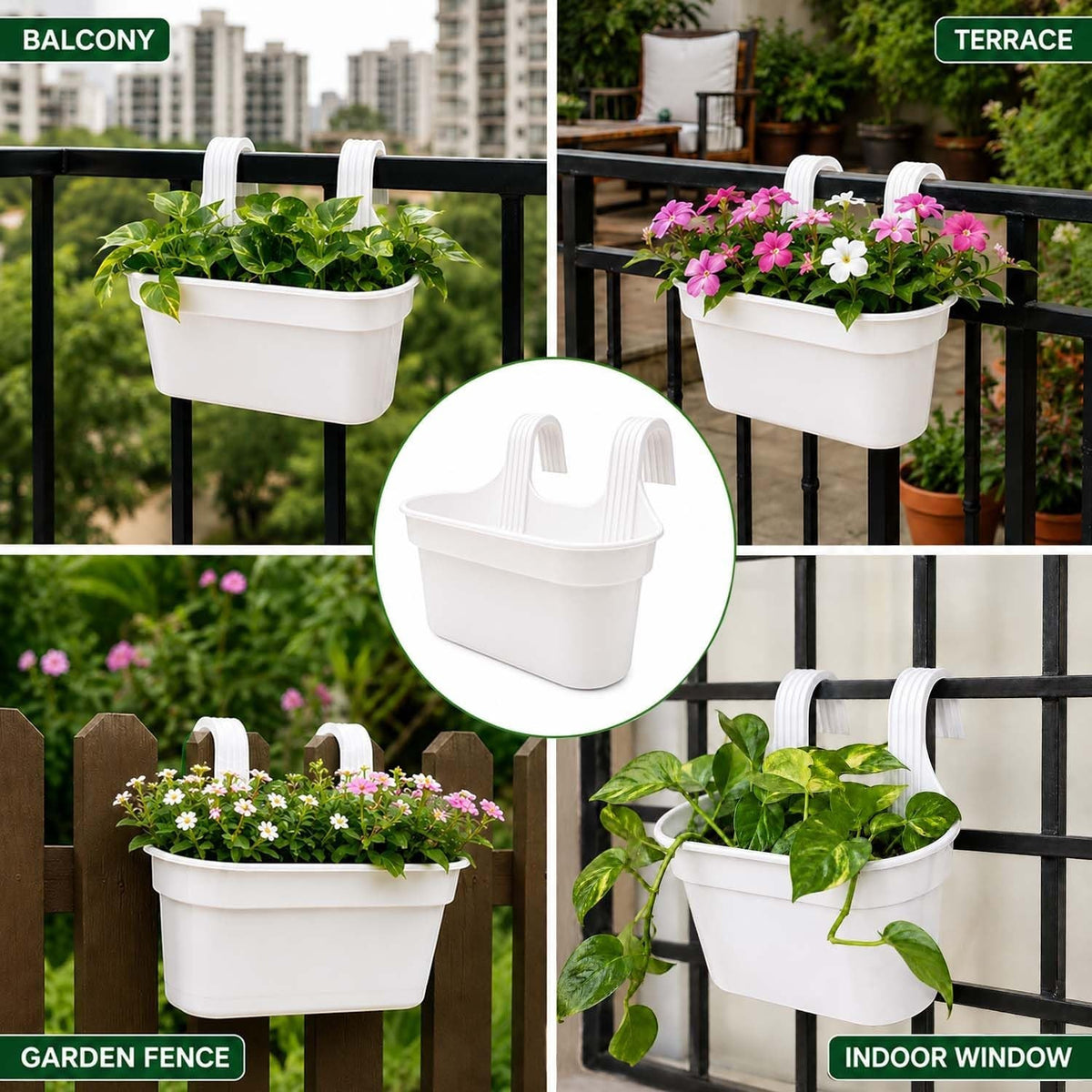 GoHooked white plastic railing hanging planter pot with double hooks, set of 5, rectangular shape.