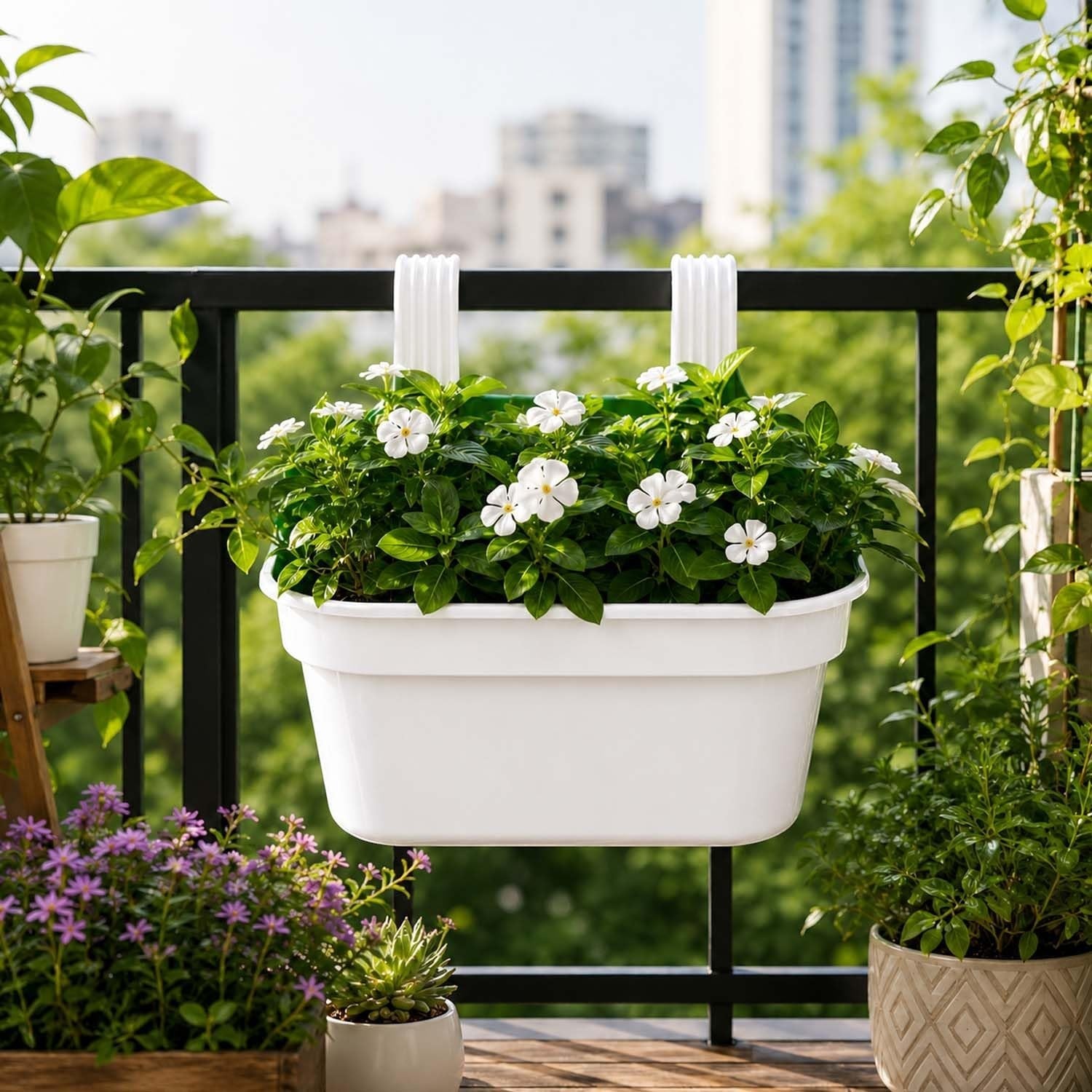 GoHooked white plastic railing hanging planter pot with white flowers, ideal for balconies and fences.