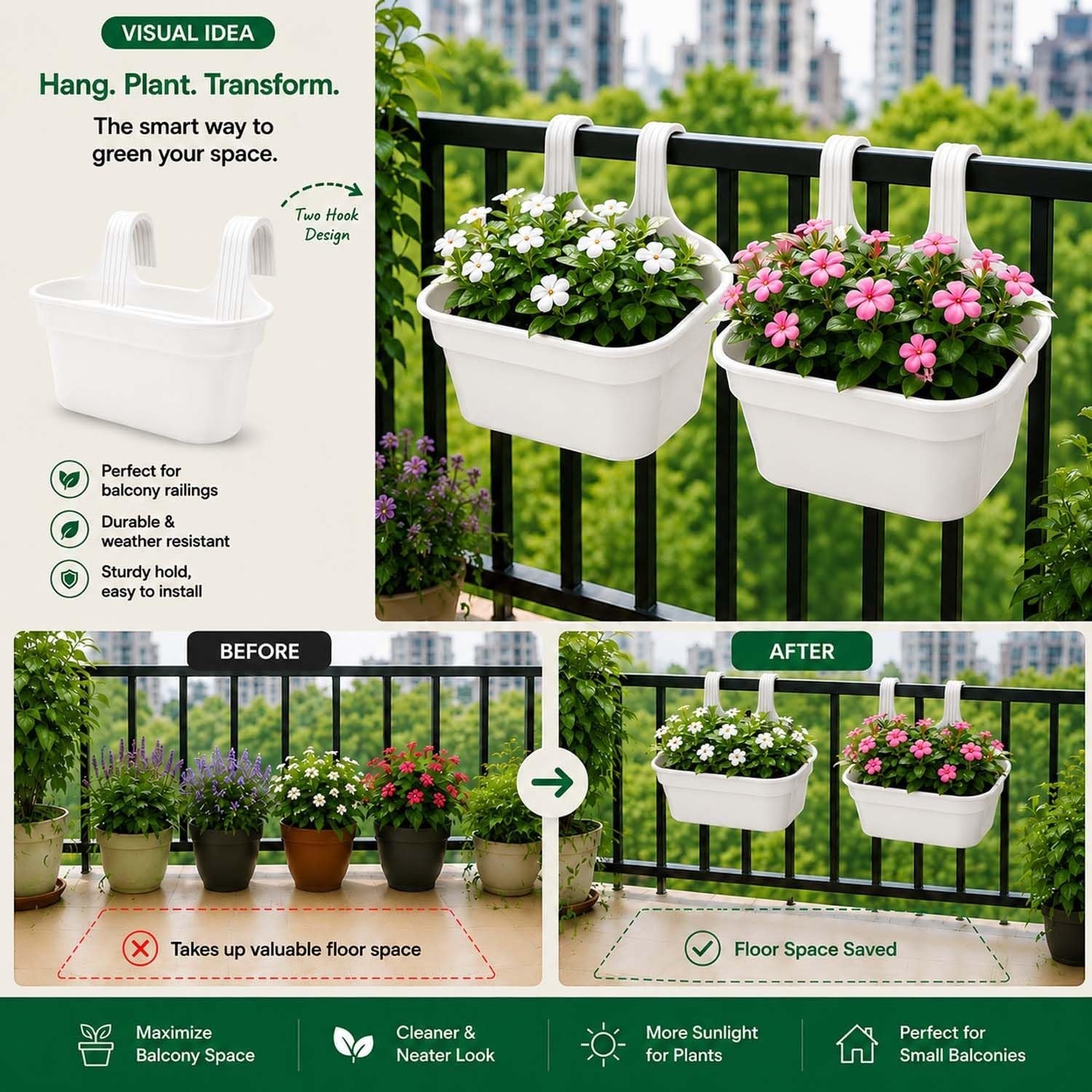 GoHooked white plastic railing hanging planter pots with double hooks, set of 10, rectangular shape, perfect for balcony and garden decor.