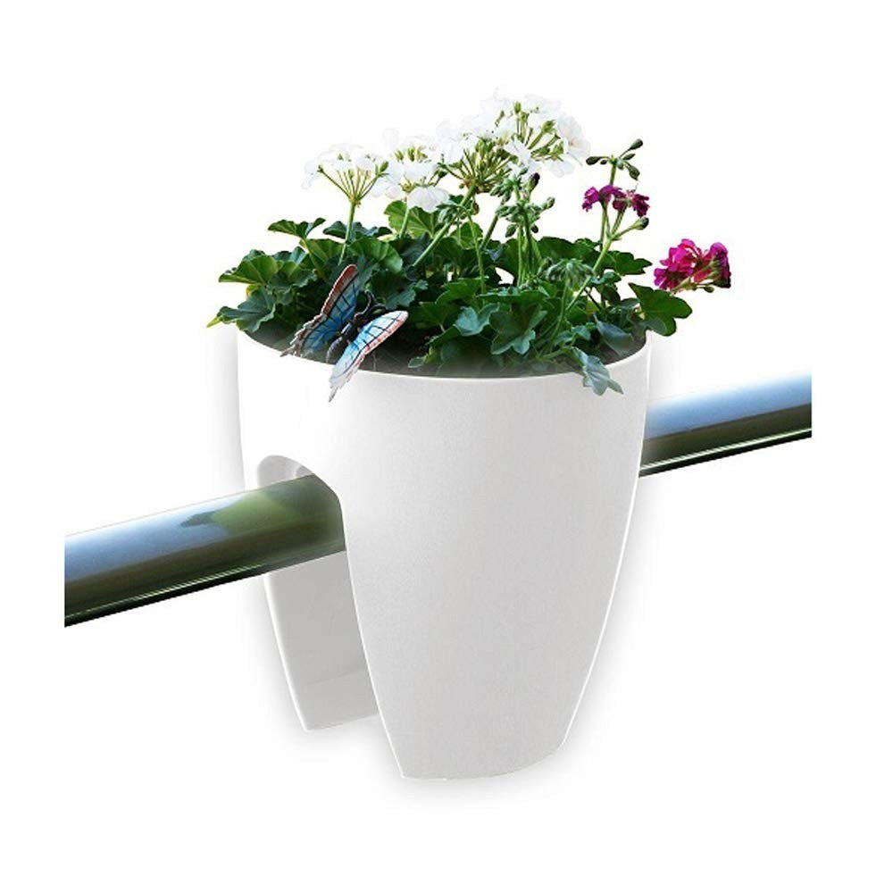 GoHooked white plastic railing planter, 12 inch, set of 2, holding flowers and decorative butterflies.