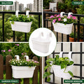 GoHooked white plastic railing hanging planter pot with double hooks, set of 3. Rectangular design for balcony, fence, or indoor window.