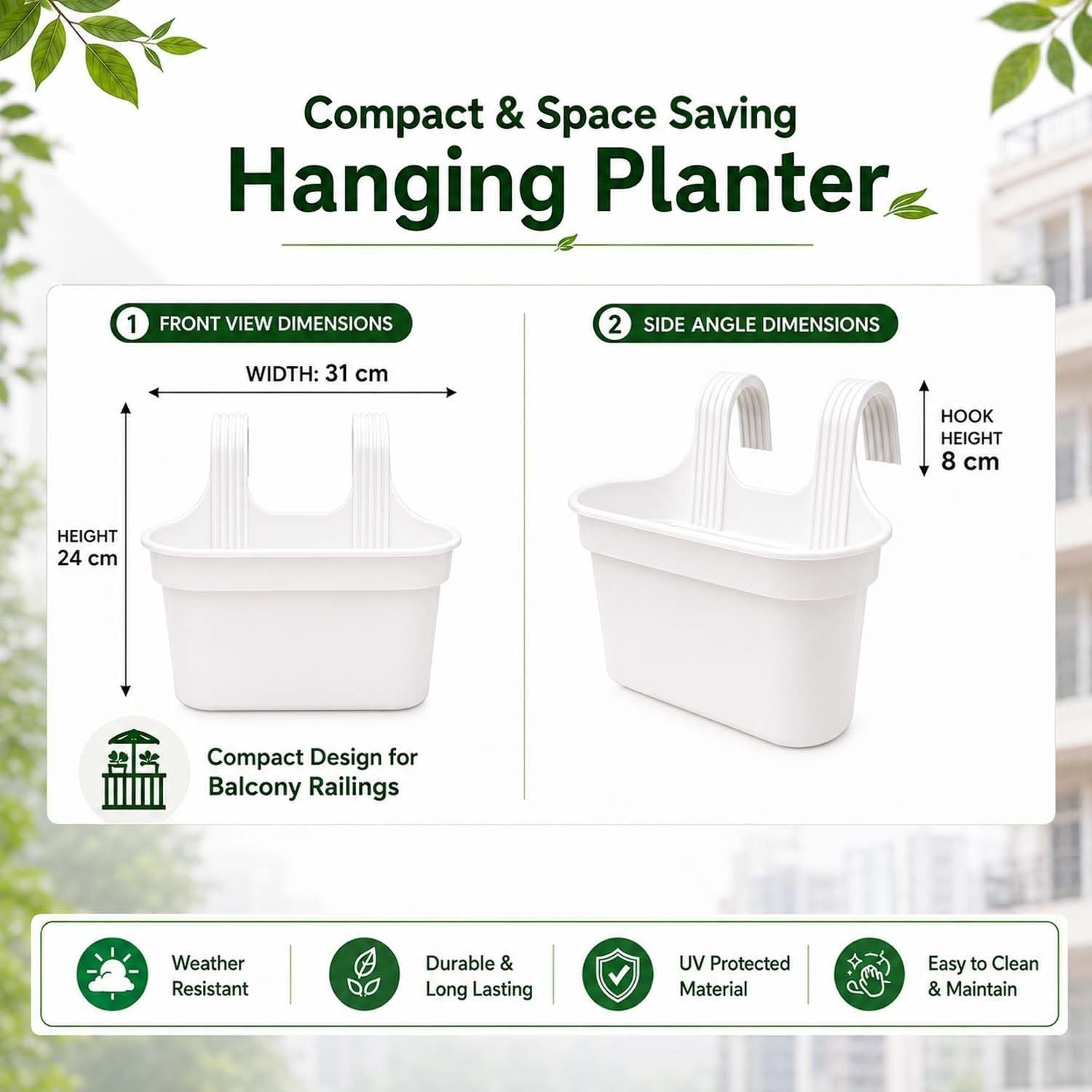 Go Hooked white plastic rectangular hanging planter pot with double hooks for balcony railings. Set of 3.