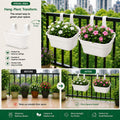 GoHooked white plastic railing hanging planter pot set of 3, rectangular with double hooks for balcony fence.
