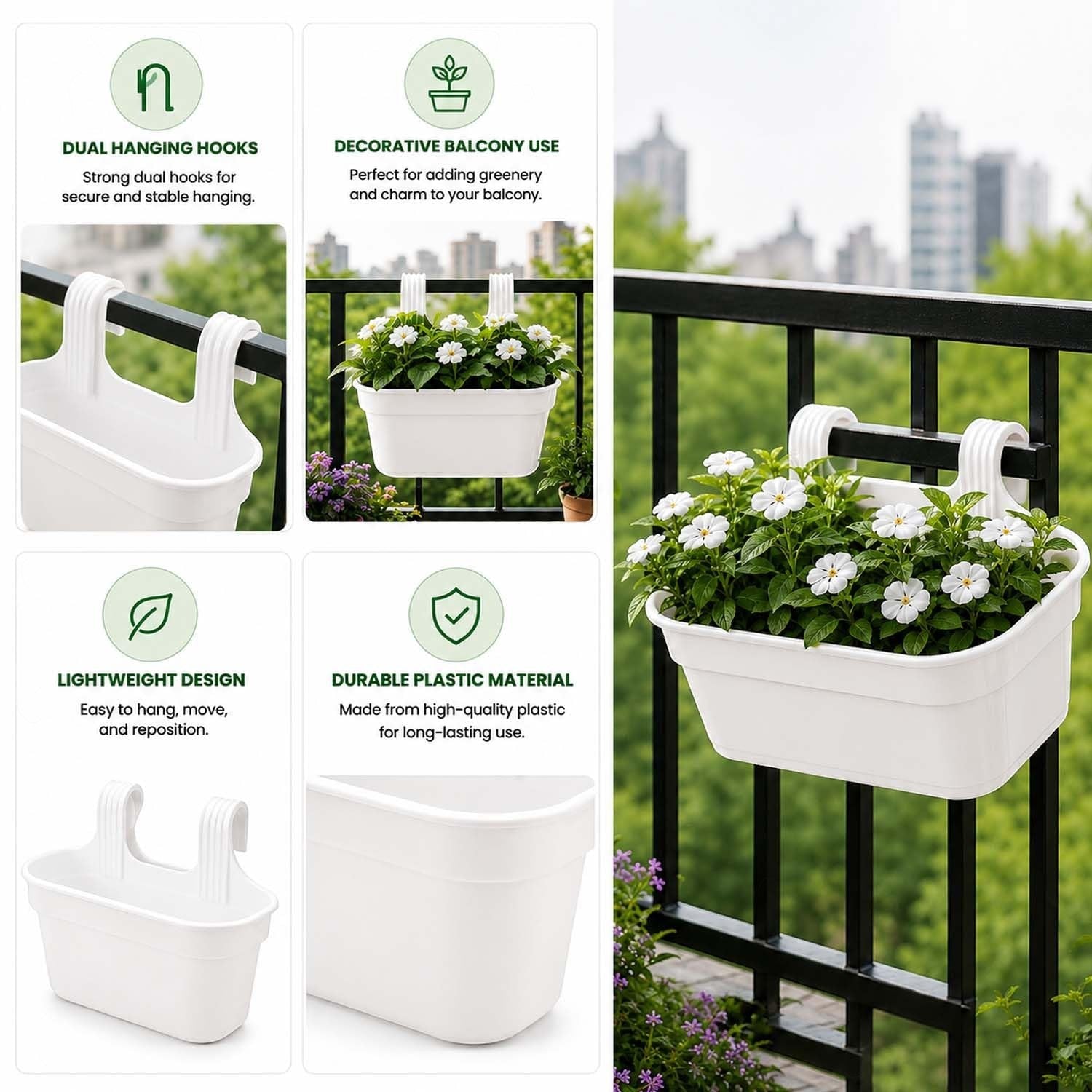 GoHooked white plastic railing hanging planter pot with double hooks, perfect for balcony and garden decor. Set of 5.