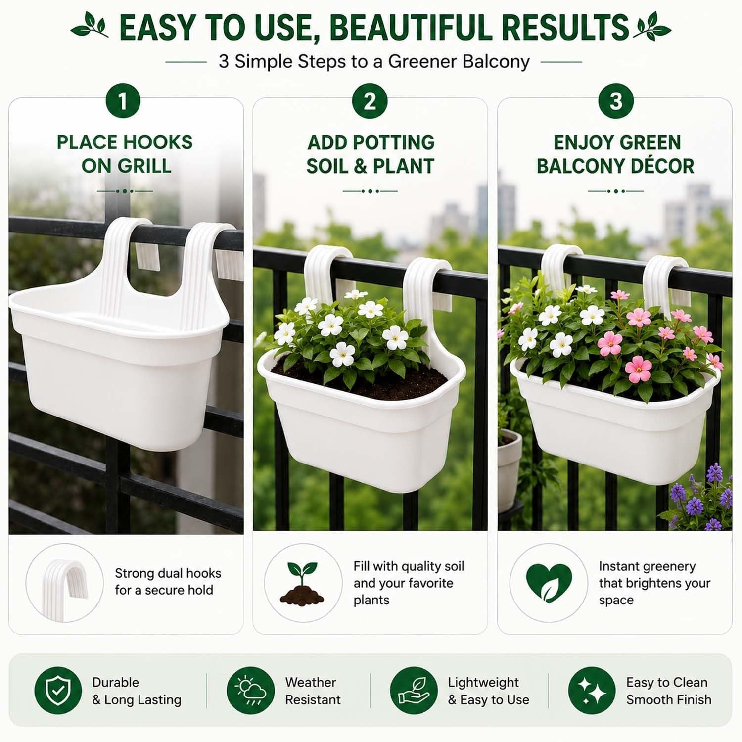 GoHooked white plastic rectangular railing hanging planter pot with double hooks, set of 7, for balcony and garden decor.